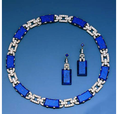 An art deco lapis lazuli and diamond demi-parure,