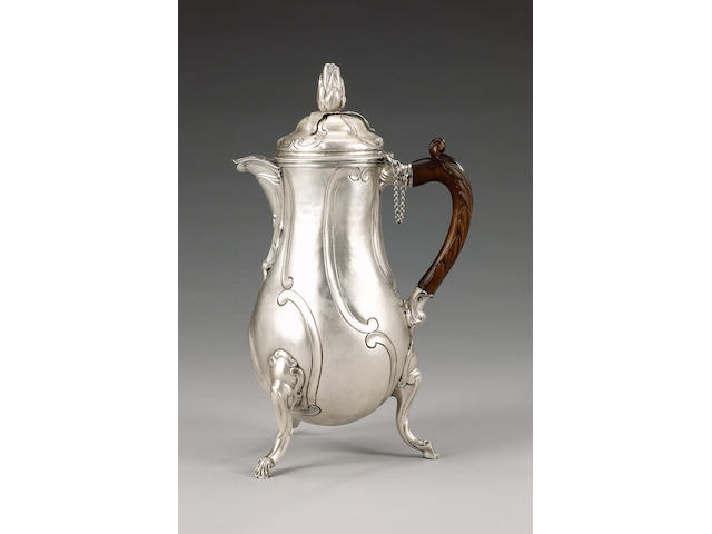 A mid 18th century Belgian silver chocolate pot, maker's mark BC below a crown, Brussels 1761,