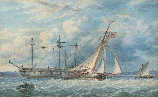William Joy (British, 1803-1867) and John Cantiloe Joy (British, 1806-1866) A fast cutter running inshore past a frigate refitting for sea 18.7 x 30.5cm. (7 3/8 x 12in.)
