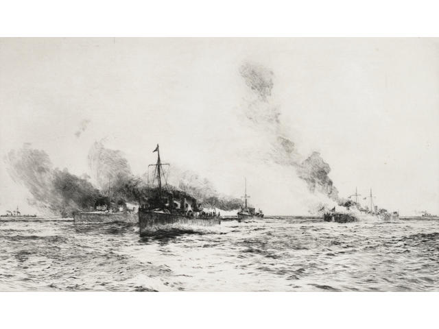 William Lionel Wyllie Torpedo boat and destroyers manoeuvring Etching, on wove, with margins, signed in pencil; apparently in good condition, unexamined out of the frame, 175 x 300mm (6 7/8 x 11 3/4in)(PL) Together with 'Sailing boats off a coast' signed in pencil 2