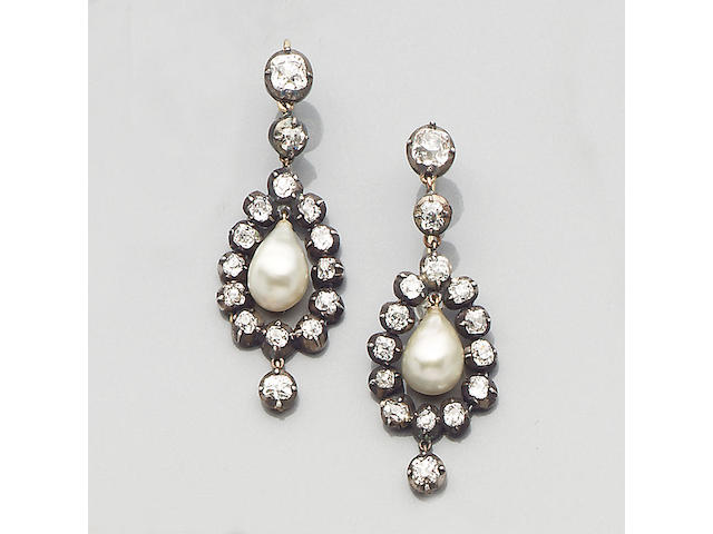 A pair of diamond and pearl earpendants