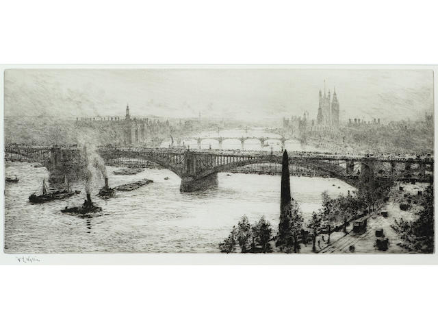 William Lionel Wyllie Blackfriar's Bridge Etching, a rich impression with burr, on wove, with margins, signed in pencil; apparently in good condition, unexamined out of th frame, 160 x 378mm (6 1/4 x 14 3/4in)(PL)