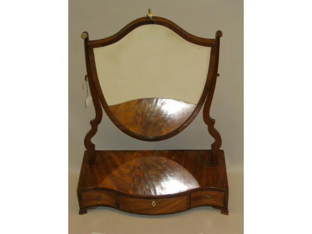 A George III figured mahogany and chequer line edged toilet mirror,