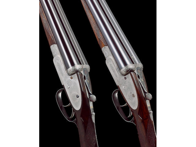 A fine pair of 12-bore sidelock ejector guns by W.J. Jeffery, no. 18651/2 In a brass-mounted oak and leather case with a canvas outer cover