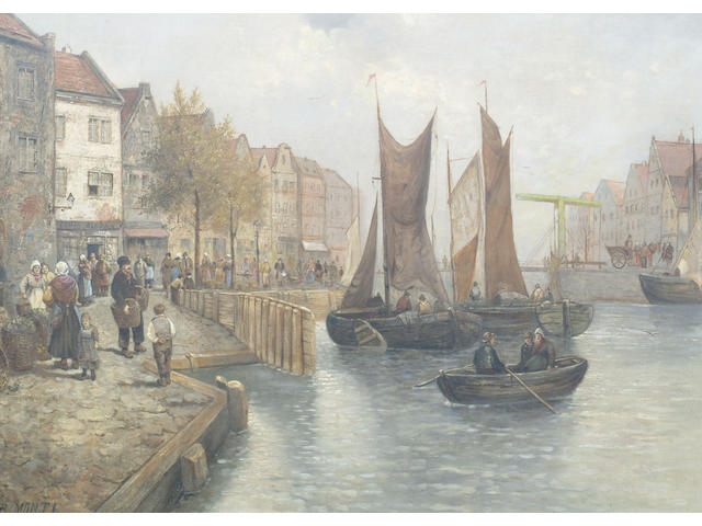 R Monti (19th/20th Century Italian) 'A busy Dutch canal scene', 84 x 119cm (33 x 47in)