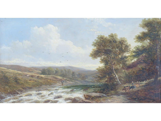 Adam Barland (fl.1843-1875) 'Cattle and figures beside a river', 26 x 46cm (10 x 18in)