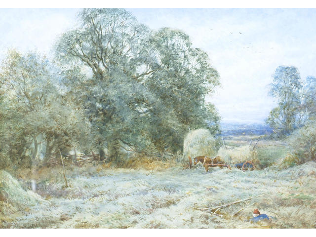 Attributed to Henry Sylvester Stannard (1870-1951) 'In the hayfield at Buckinden, Hunts', 26 x 35cm