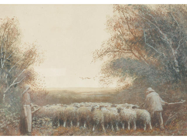 Frederick Hines (19th/20th Century) 'Driving the flock' and 'A winter pool', 26 x 36cm )10 x 14in)