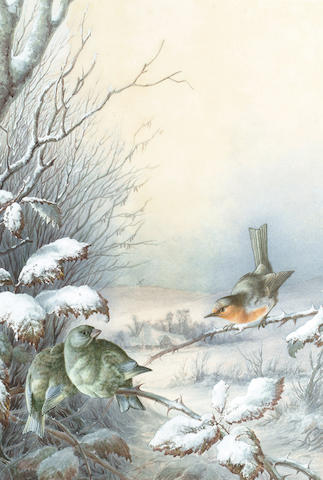 Harry Bright (British, 1846-1895), A robin and a greenfinch in a snowy hedgerow, a winter landscape beyond, 41.5 x 28.7 cm.