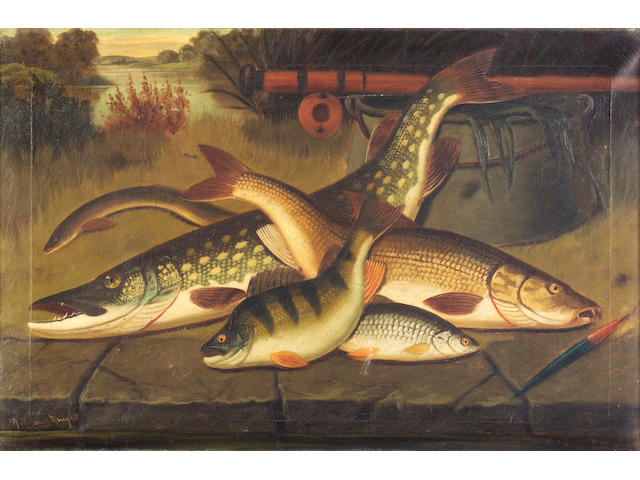 A Roland Knight (19thc) 'Salmon and trout for the laird's dinner party' and a companion, 'A tribute from the river', a pair (2) 41 x 61cm
