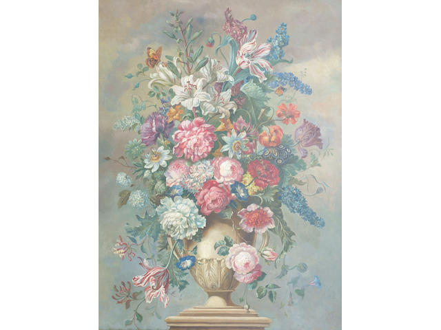 English School (20th Century) 'Mixed garden flowers in a classical urn', 100 x 75cm (40 x 30in)