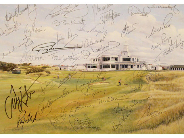 A limited edition Graeme Baxter print &#8216;Royal Birkdale&#8217; 1989, signed by the artist, autographed by thirty-six competitors who were playing in the 1991 Open including some Open Champions including Nick Faldo, Seve Ballesteros, Jack Nicklaus, Tom Weiskopf, Tom Watson, Lee Trevino and Gary Player together with a photograph of the Royal Birkdale Golf Club Head Starter who asked the players to sign it before teeing off at the first hole. Framed and glazed.
