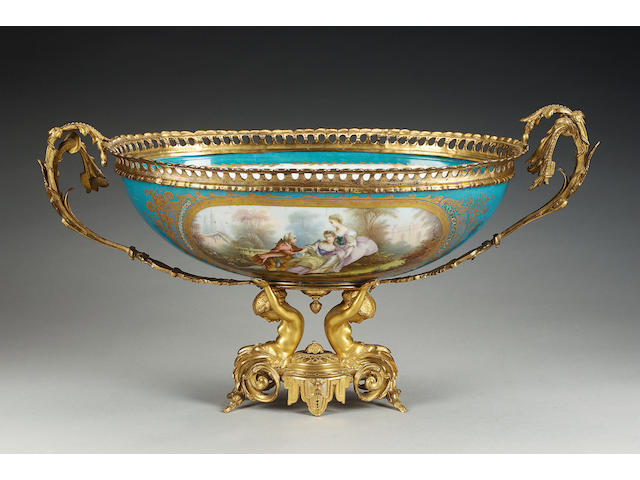 A Sevres style turquoise ground gilt metal mounted centrepiece, circa 1900,