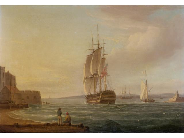 Thomas Whitcombe (British, c.1752-1824) A 74-gun man-o-war leaving Portsmouth harbour 38 x 53.3cm. (15 x 21in.)