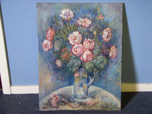 Patricia Rhodes Vase of peonies, signed, oil on canvas, 92 x 71cm, together with six other still lives by the same artist, all unframed. (7)
