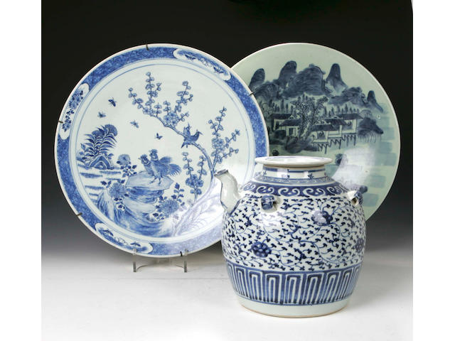 A large Chinese blue and white Tea Pot, a blue and white Charger and other items, (qty)