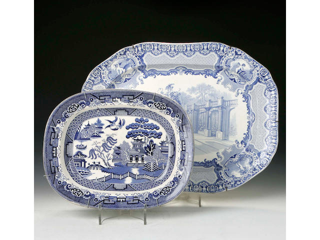 A large blue and white transfer printed Meat Plate, together with another and four Ashets, (6)