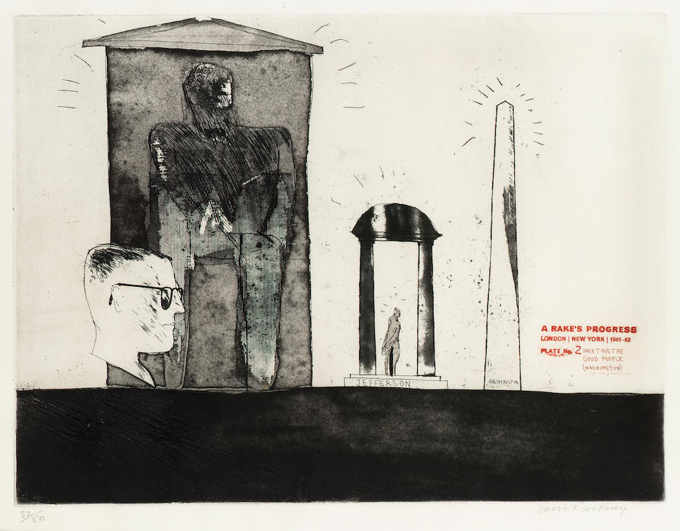 David Hockney The Rake's Progress The complete set of sixteen etchings with aquatint, 1961-3, printed in red and black, signed and numbered 32/50 in pencil, on Barcham Green handmade paper, the full sheets, published by Editions Alecto; in good condition, 300 x 400mm (12 x 15 3/4in)(PL). Together with the original lithographic poster for "The Rake's Progress and other Etchings by David Hockney", signed and dated 1963 and a book published by Lion and Unicorn Press.