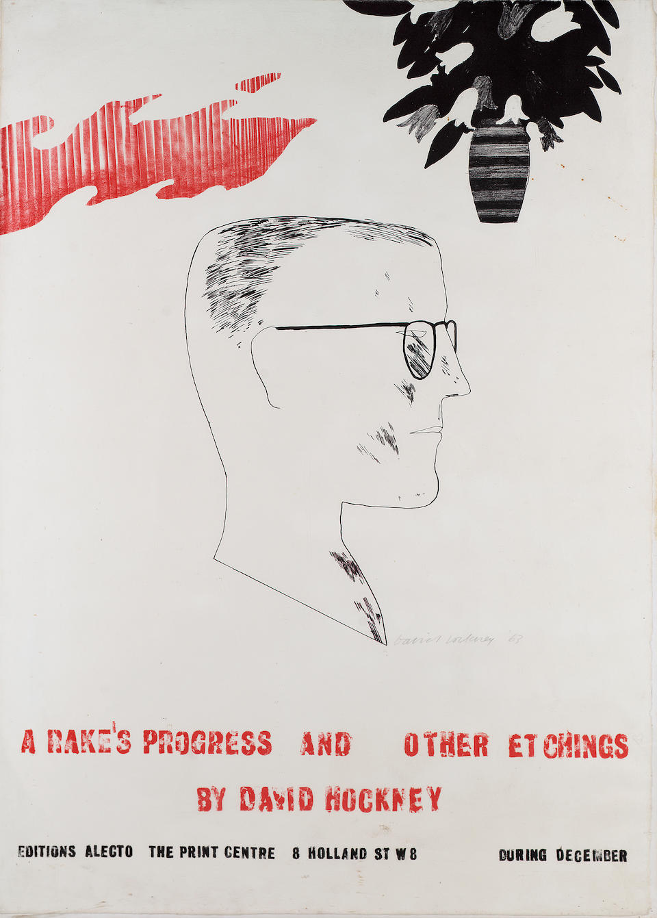 David Hockney The Rake's Progress The complete set of sixteen etchings with aquatint, 1961-3, printed in red and black, signed and numbered 32/50 in pencil, on Barcham Green handmade paper, the full sheets, published by Editions Alecto; in good condition, 300 x 400mm (12 x 15 3/4in)(PL). Together with the original lithographic poster for "The Rake's Progress and other Etchings by David Hockney", signed and dated 1963 and a book published by Lion and Unicorn Press.