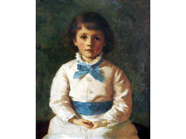 Early 20thc School, Portrait of a young girl with blue ribbon, 64cm x 51cm,