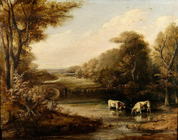 Circle of William Vivian Tippett (1833-1910) Cattle watering 73.5 x 92cm (29 x 36in).