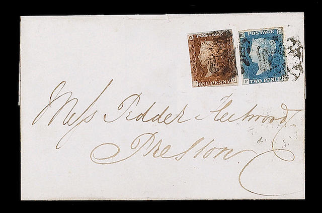 1840 2d. Plate II: FG with small to good margins, a little ragged and touched at places, used with 1841 1d. plate 15 also lettered FG (fault at base) presumably paying late fee on 1841 (Aug.) E. from London to Preston, scarce combination.