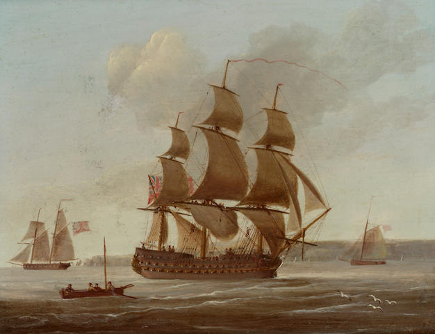 R. Williamson (British, 19th. Century) A 3rd. Rate of the Royal Navy off the South Foreland 12.7 x 16cm. (5 x 6 1/4in.)