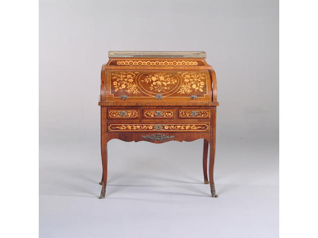 A Transitional style kingwood and floral marquetry cylinder bureau