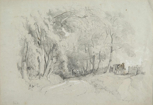 James Duffield Harding, O.W.S. (1797-1863) Figures on a wooded lane 22 x 32.5cm (8&#189; x 12&#190;in), together with a study of Walmer Castle by the same hand and a small collection of drawings and prints by other hands, many signed. (qty)