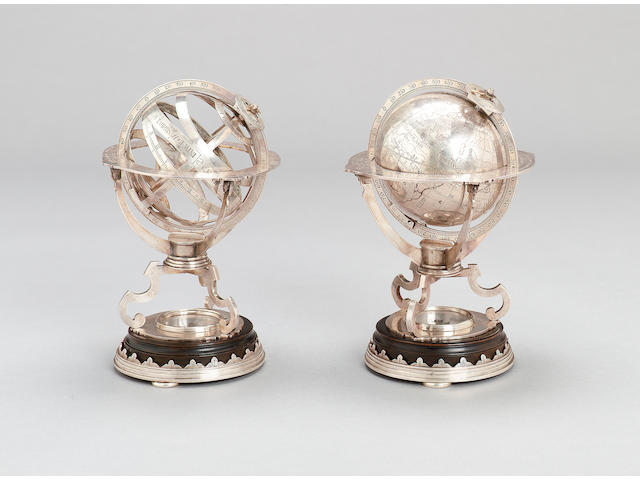A fine silver armillary sphere and matched silver terrestrial globe, English, in late 17th century style, (2)
