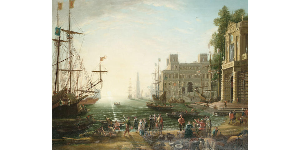 After Claude Gellee called Lorraine (19th Century) A capriccio of a harbour at sunset, with elegant figures conversing on the quay; A capriccio of a harbour with figures bathing in the foreground, a boat under construction and a tower beyond, each 57 x 75 cm (22 3/8 x 29 1/2 in) (2)