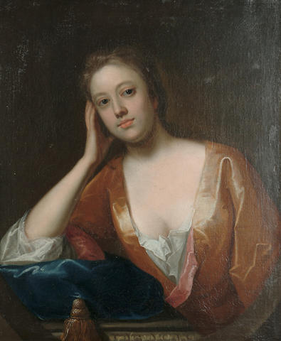 Circle of Johnathan Richardson Portrait of a lady bust length, believed to be Arabella Lovett, wearing a russet gown, resting her arm on a velvet cushion, 74 x 62 cm (29 x 24 in)