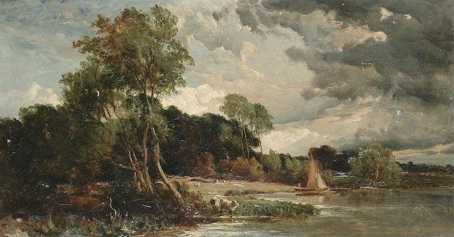 Sidney Richard Percy (British, 1821-1886) A boat on a river, sheep grazing nearby, 19.8 x 36.8 cm (7 3/4 x 14 3/8 in)