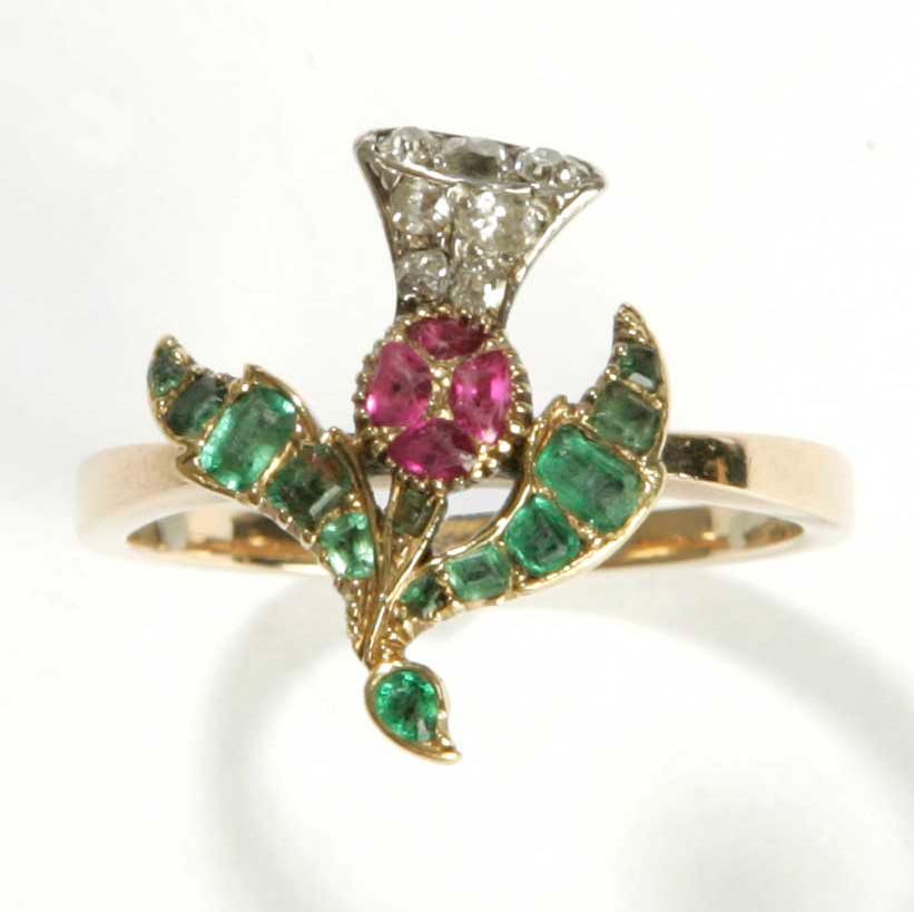 A Victorian ruby, diamond and emerald thistle Ring,