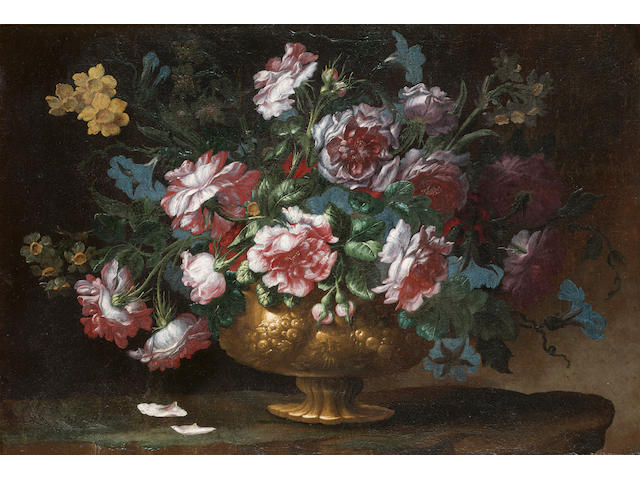 Giuseppe Vincenzino (active Milan first half of the 18th Century) Roses, narcissi and morning glory in a bronze vase 45.5 x 67.8 cm. (17 7/8 x 26 5/8 in.)