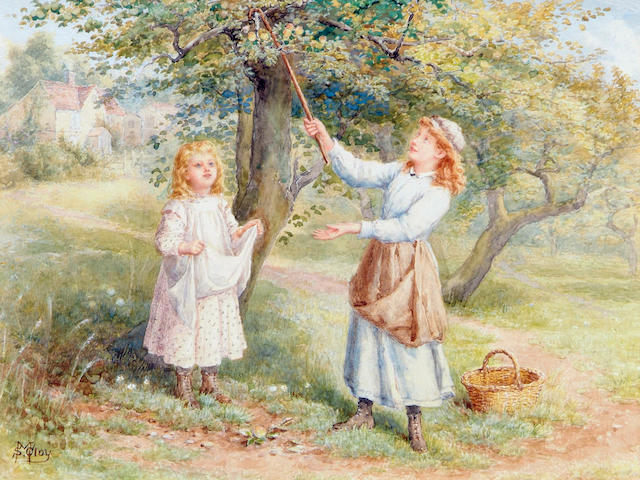 Samuel McLoy (1831-1904) Irish "Picking apples", two girls in an orchard, 24 x 32.5cm.