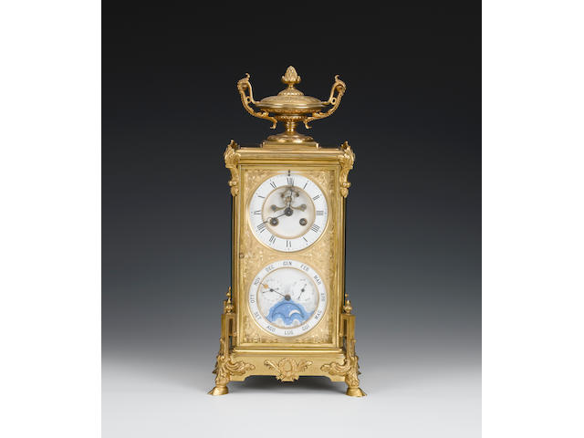 A late 19th/early 20th century French four glass mantel clock with annual calendar The clock movement numbered 2749