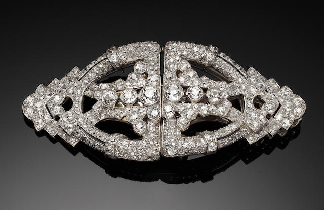 An impressive art deco diamond double-clip brooch