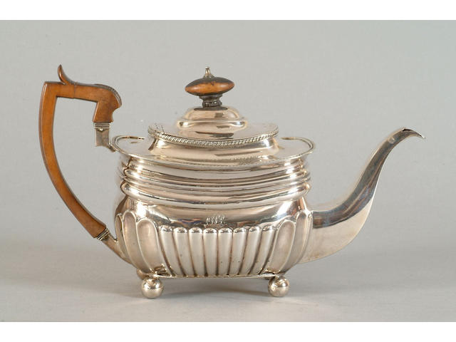A George IV teapot Makers mark worn to the body and only partial to the lid, but could possibly be Peter and Ann Bateman, 1813,