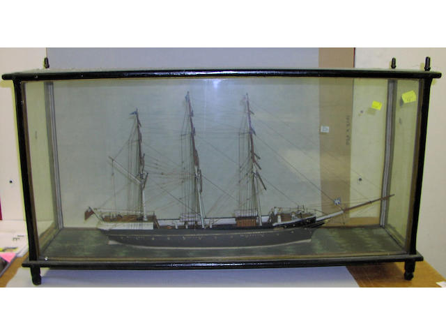 ANNIE. A 19th Century cased Waterline model of a three masted ship, 102 x 27 x 57cm.