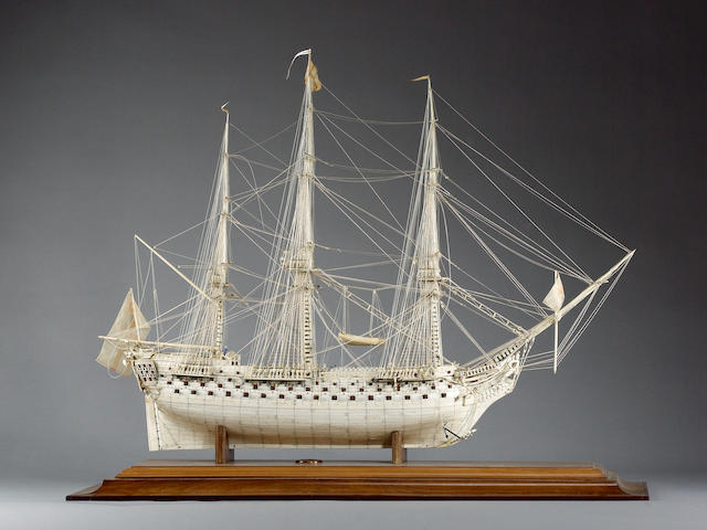 A fine and large prisoner-of-war bone model of the first-rate ship H.M.S. "Caledonia", early 19th century, 48x22x67in(122x56x170cm)overall.
