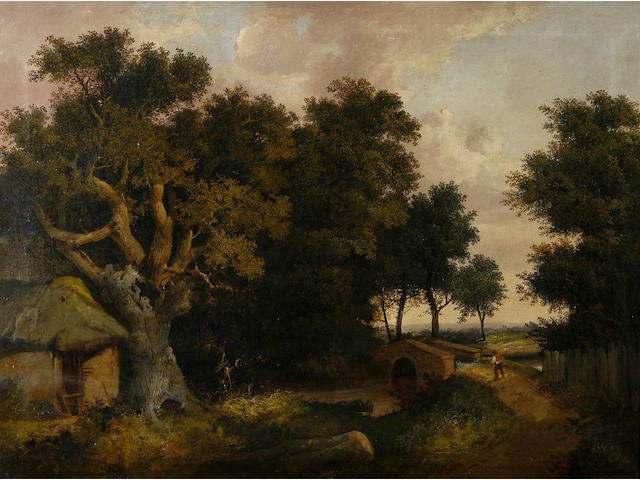 Attributed to Edward Littlewood (late 19th Century) A wooded landscape with a figure by a bridge 76 x 102cm (30 x 40in).