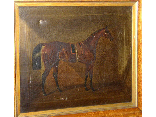 English School circa 1840, Dark bay racehorse in a stable,