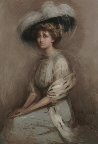 Maud Coleridge (British, exh.1893-1903) Portrait of a lady, seated, wearing a hat, 122 x 84.5 cm (48 x 33 1/4 in)