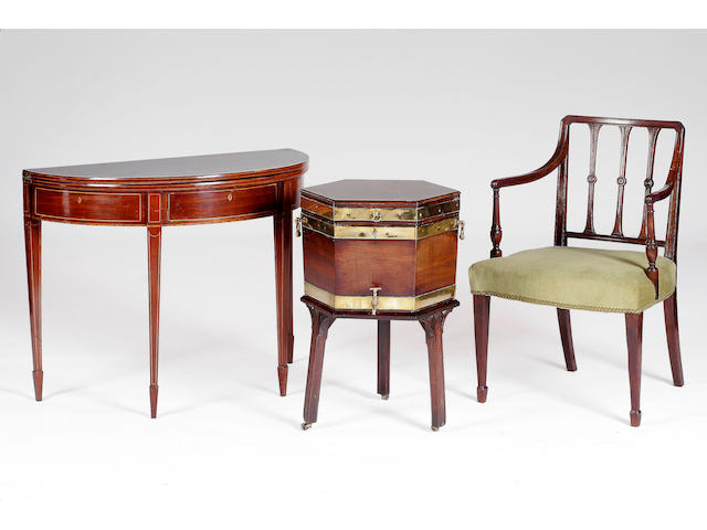 A George III inlaid mahogany demi-lune fold-over tea table,