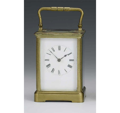A late 19th Century French lacquered brass striking carriage clock,
