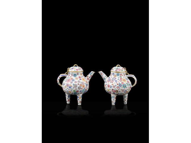 An extremely rare pair of Imperial enamel 'ballflower' teapots and covers Qianlong pink enamel four-