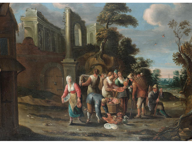 Circle of Jan Anton Garemyn (1712-Bruges-1799) A mussel seller and other figures on a town street; and A traveller selling pots 59.8 x 82 cm. (23&#189; x 32&#188; in.) (2)