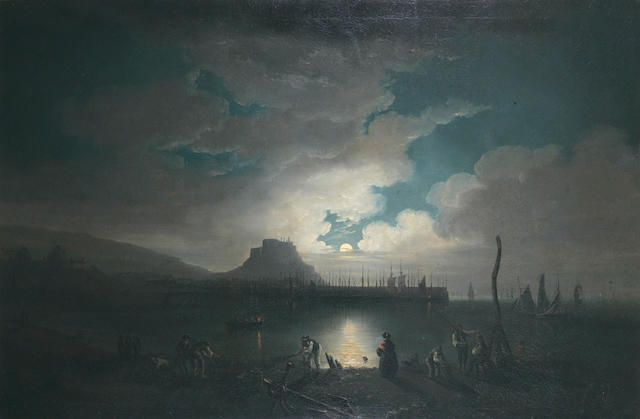 Philip John Ouless (Jersey 1817-1885) Moonrise over Gorey, 82 x 125cm.