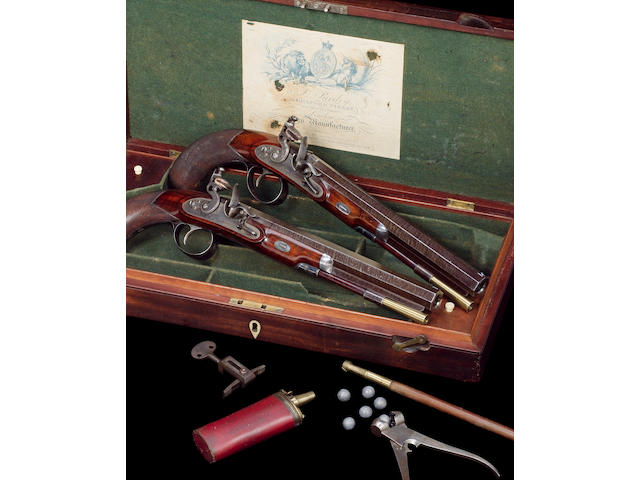 An Extremely Rare Cased Pair Of 36-Bore Flintlock Duelling Pistols